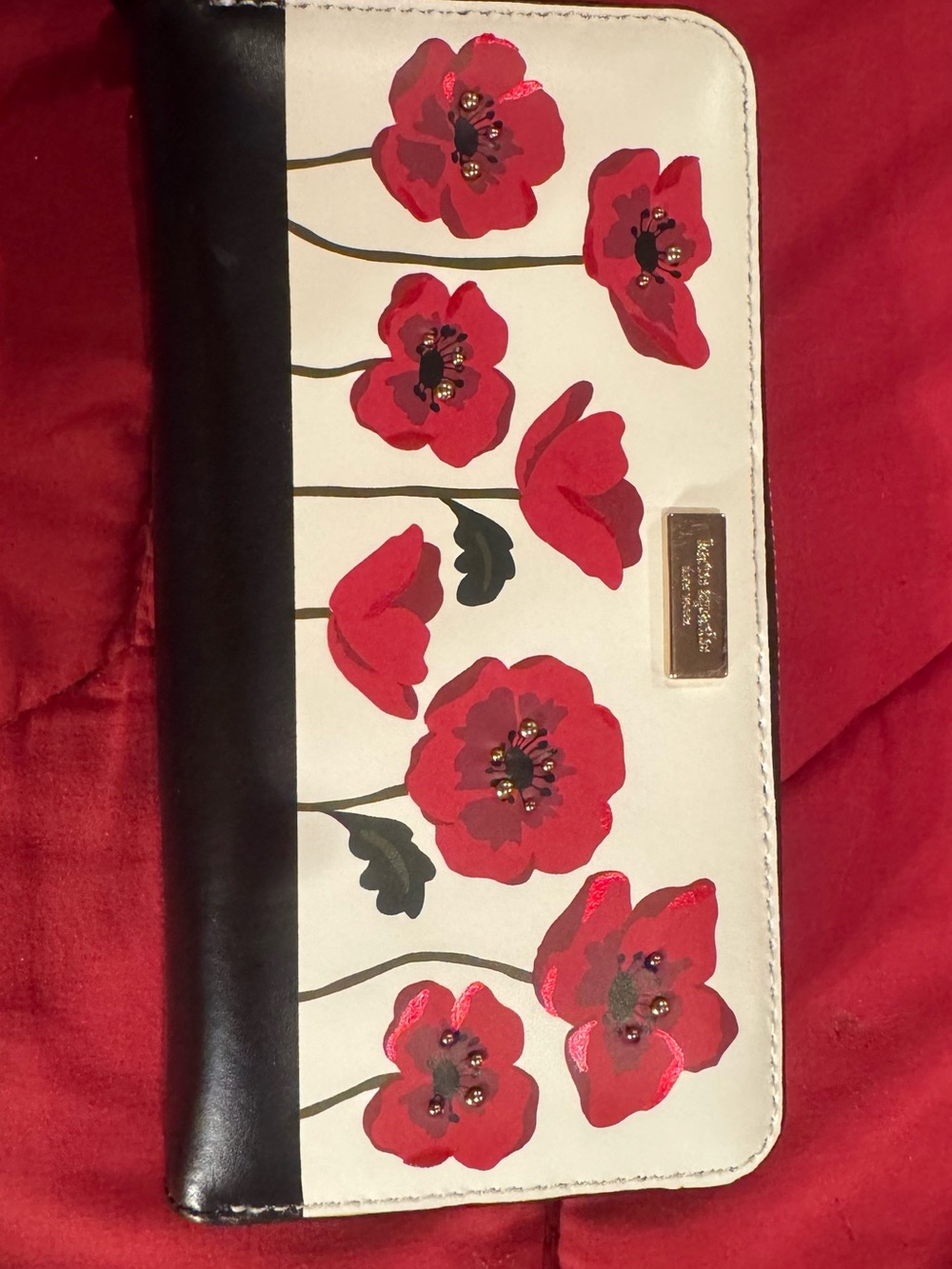 kate spade Red and Black Poppy Leather Zip Wallet with Gold Logo